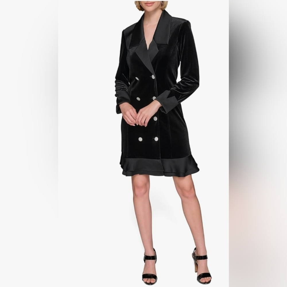 Karl Lagerfeld Paris Velvet & Satin Rhinestone Button Tuxedo Dress